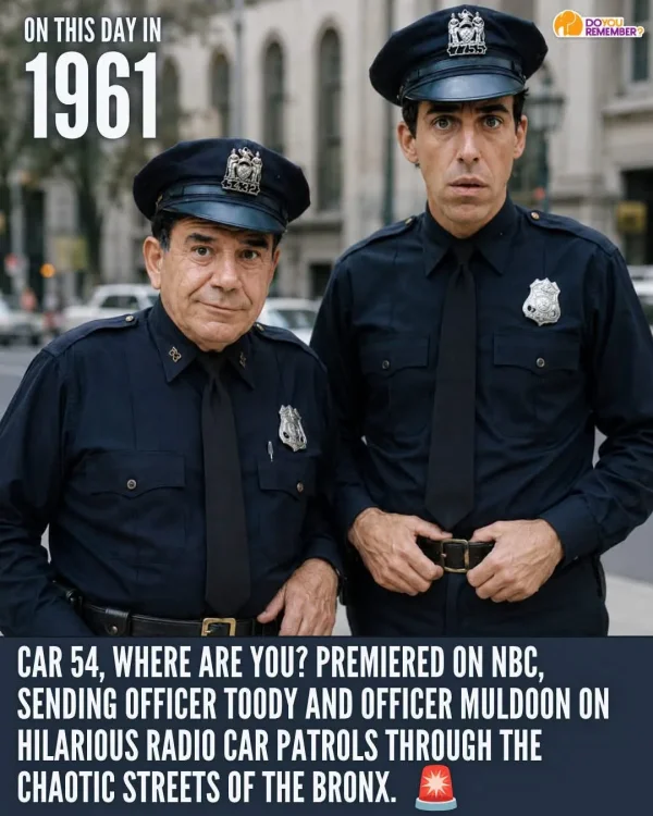 May be an image of text that says 'ON THIS DAY IN 1961 DOY DOYOU χο REMEMBER? 午き5.5 ๓ CAR 54, WHERE ARE YOU? PREMIERED ON №BC, SENDING OFFICER TOODY AND OFFICER MULDOON ON HILARIOUS RADIO CAR PATROLS THROUGH THE HOTI STREETS OF THE BRONX.'