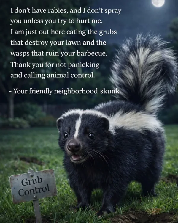 May be an image of text that says 'I don' have rabies, and I don't spray you unless you try to hurt me. I am just out here eating the grubs that destroy your lawn and the wasps that ruin your barbecue. Thank you for not panicking and calling animal control. -Your friendly neighborhood skunk. Grub'