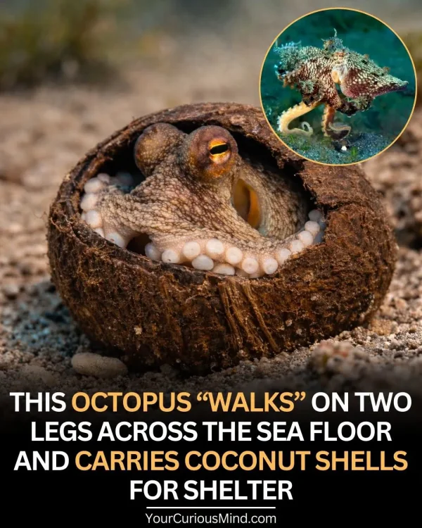 May be an image of text that says 'THIS OCTOPUS WALKS ON TWO LEGS ACROSS THE SEA FLOOR AND CARRIES COCONUT SHELLS FOR SHELTER YourCuriousMind.com'