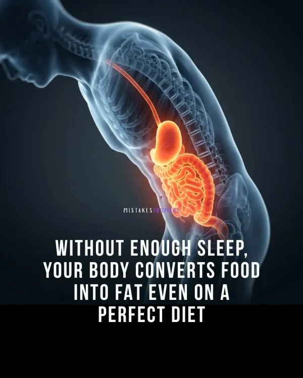 May be an image of text that says 'MISTAKLSYOUMIKI MISTAKES MIS OUM WITHOUT ENOUGH SLEEP, YOUR BODY CONVERTS FOOD INTO FAT EVEN ON A PERFECT DIET'