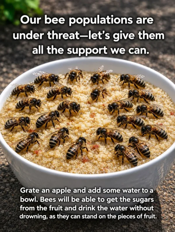 May be an image of text that says 'Our bee populations are under threat-l -let's give them all the support we can. Grate an apple and add some water to a bowl. Bees will be able to get the sugars from the fruit and drink the water without drowning, as they can stand on the pieces of fruit.'