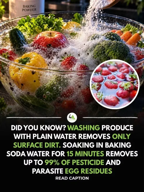 May be an image of text that says 'BAKING POWDE CA F DID YOU KNOW? WASHING PRODUCE WITH PLAIN WATER REMOVES ONLY SURFACE DIRT. SOAKING IN BAKING SODA WATER FOR 15 MINUTES REMOVES UP tO 99% OF PESTICIDE AND PARASITE EGG RESIDUES READ CAPTION'