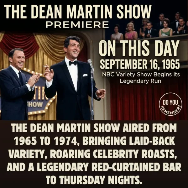 May be an image of steak and text that says 'THE DEAN MARTIN SHOW PREMIERE ON THIS DAY SEPTEMBER 16, 1965 NBC Variety Show Begins Its Legendary Run HOW DO YOU MMEEr THE DEAN MARTIN SHOW AIRED FROM 1965 TO 1974, BRINGING LAID-BACK VARIETY, ROARING CELEBRITY ROASTS, AND A LEGENDARY RED-CURTAINED BAR TO THURSDAY NIGHTS.'