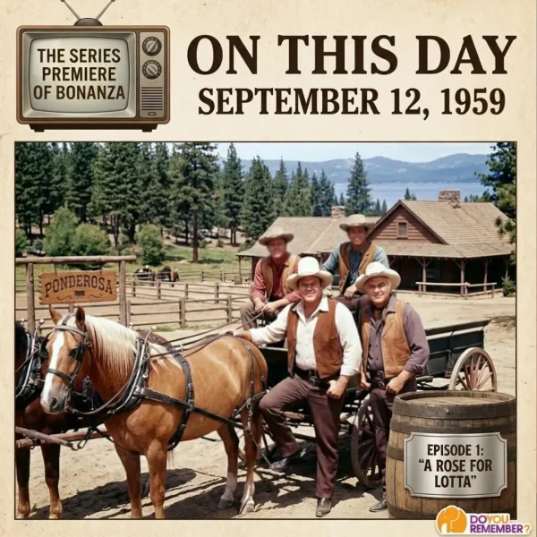 May be an image of text that says 'THE SERIES PREMIERE OF BONANZA ON THIS DAY SEPTEMBER 12, 1959 PONDEROSA EPISODE 1: A ROSE AROSEFOR FOR LOTTA DOYOU REMEMBER?'