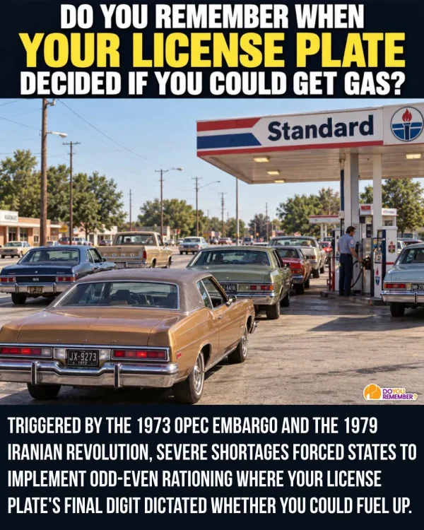 May be an image of text that says 'DO YOU REMEMBER WHEN YOUR LICENSE PLATE DECIDED IF YOU COULD GET GAS? 相 Standard DOYOU REMEMBER? TRIGGERED BY THE 1973 OPEC EMBARGO AND THE 1979 IRANIAN REVOLUTION, SEVERE SHORTAGES FORCED STATES TO IMPLEMENT ODD-EVEN RATIONING WHERE YOUR LICENSE PLATE'S FINAL DIGIT DICTATED WHETHER YOU COULD FUEL UP.'