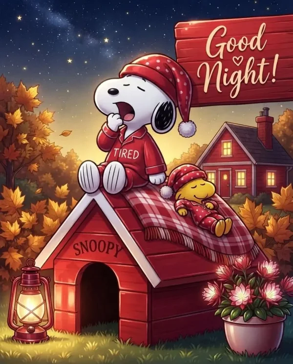May be a doodle of text that says 'Good Night! TIRED SNOOPY'