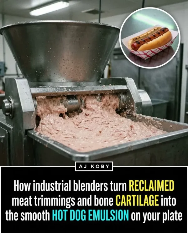 May be an image of hotdog and text that says 'AJKOBY AJ How industrial blenders turn RECLAIMED meat trimmings and bone CARTILAGE into the smooth HOT DOG EMULSION on your plate'
