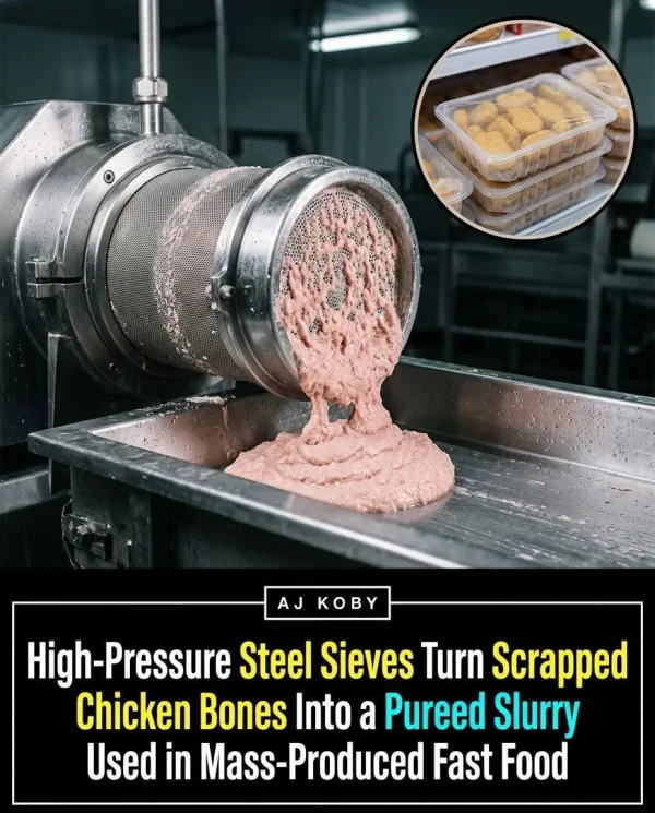 May be an image of text that says 'AJ KOBY High-P High-Pressure ressure Steel Sieves Turn Scrapped Chicken Bones Into a Pureed Slurry Used in Mass-Produced Fast Food'