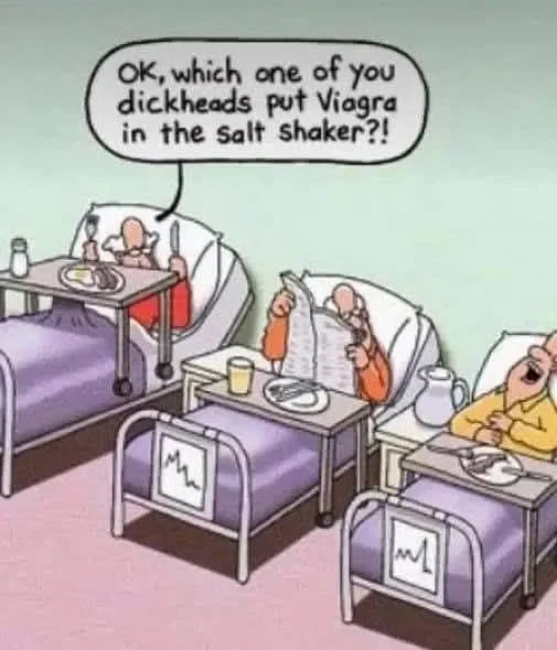 May be an image of text that says 'OK, OK,which which one of γου dickheads put Viagra in the salt shaker?! 2០ ml'