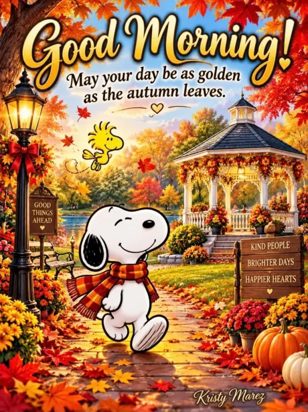 May be an image of text that says 'Good May your day Morning be as golden as the autumn leaves. GOOD THINGS AHEAD KIND PEOPLE BRIGHTER DAYS HAPPIERHEARTS HAPPIER HEARTS Kristy KistyMarez Marez'