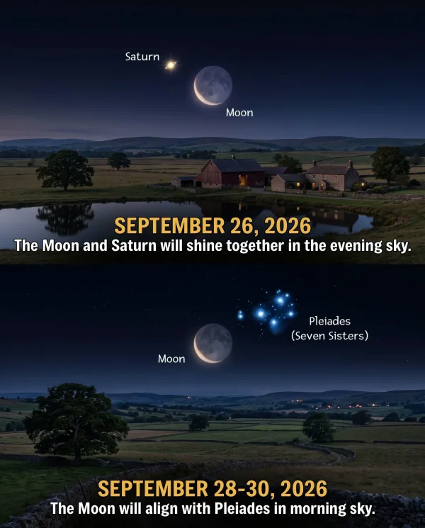 May be an image of text that says 'Saturn Sa Moon SEPTEMBER 26, 2026 The Moon and Saturn will shine together in the evening sky. Moon Pleiades (SevenSisters) (Seven Sisters) SEPTEMBER 28-30, 2026 The Mon will align with Pleiades in morning sky.'