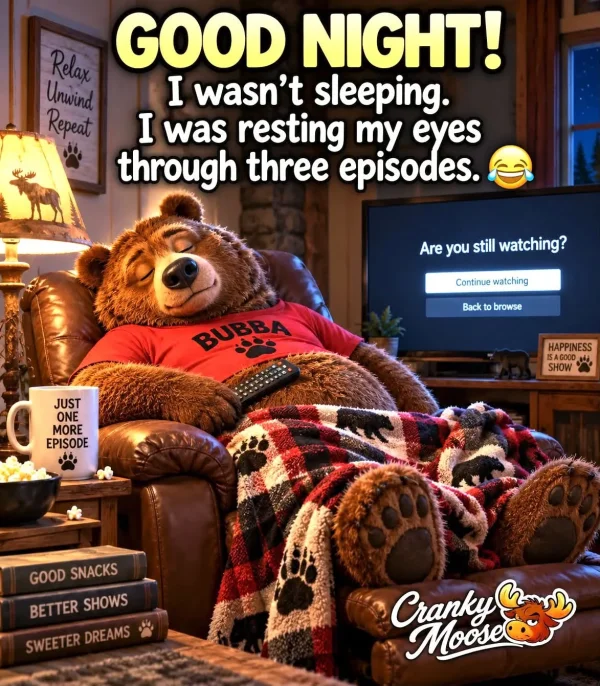 May be an image of ‎television and ‎text that says '‎GOOD NIGHT! Unwind I wasn't sleeping. Repeat I was resting my eyes through three episodes. Are you still watching? Continue watching Back to browse BUBBA JUST ONE MORE EPISODE قدقة d. HAPPINESS ISAGOOD SHOW GOOD GOODSNACKS SNACKS BETTERSHOWS BETTER SHOWS SWEETER DREAMS Cranky Moose‎'‎‎