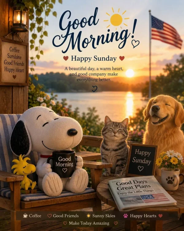 May be an image of text that says 'Sunshir GoodFrier Good Morning Happy Sunday A beautiful day, warm heart, and good company make everything better. Good Morning ٥ Good GoodDays Days Great Plans Enjoy EnjoytheL.ittleThings the Little Things Coffee Good Friends Make Today Amazing Sunny Skies Happy Hearts'