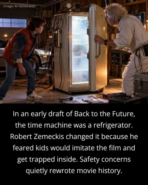 May be an image of text that says 'mage: mage:AlGenerated Al Generated In an early draft of Back to the the time machine was a refrigerator. Robert Zemeckis changed it because he Future, feared kids would imitate the film and get trapped inside. Safety concerns quietly rewrote movie history.'