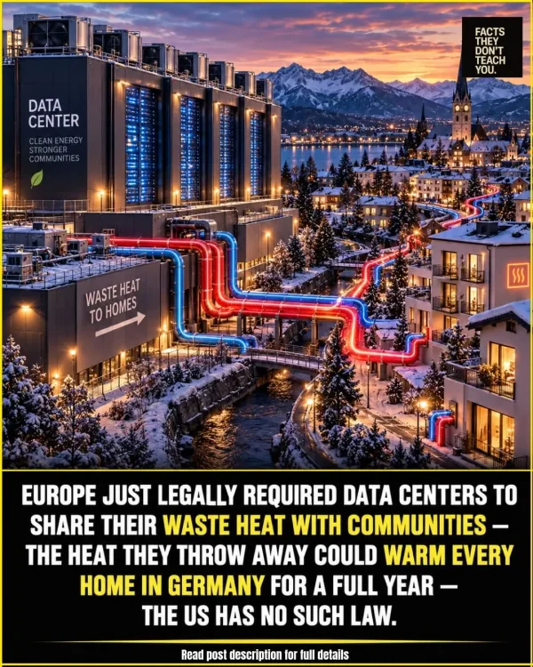 May be an image of text that says 'DATA CENTER CLEANENERGY FACTS THEY DON'T TEACH YOU. COMMUNITIES WASTE WASTEHEAT HEAT To HOMES အင်ထော် SSS EUROPE JUST LEGALLY REQUIRED DATA CENTERS TO SHARE THEIR WASTE HEAT WITH COMMUNITIES- THE HEAT THY THROW AWAY COULD WARM EVERY HOME IN GERMANY FOR A FULL YEAR- THE US HAS NO SUCH LAW. Read post description for full detalls'