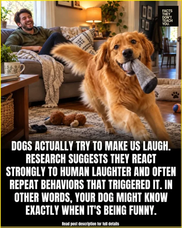 May be an image of dog and text that says 'FACTS THEY DON'T TEACH TEACH YOU. DOGS ACTUALLY TRY TO MAE US LAUGH. RESEARCH SUGGESTS THEY REACT STRONGLY TO HUMAN LAUGHTER AND OFTEN REPEAT BEHAVIORS THAT TRIGGERED IT. IN OTHER WORDS, YOUR DOG MIGHT KNOW EXACTLY WHEN IT'S BEING FUNNY. Read post description for full detalls'