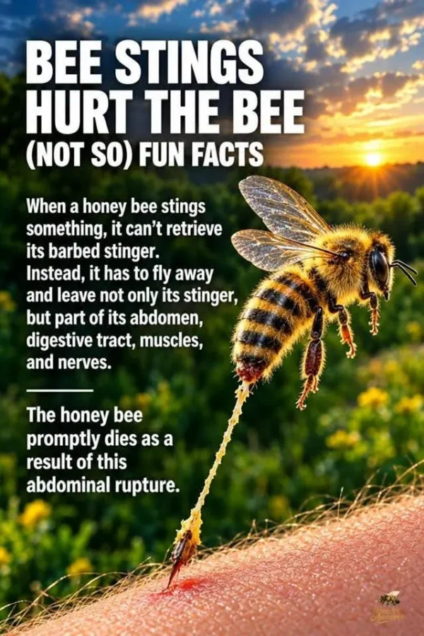 May be an image of text that says 'BEE STINGS HURT THE BEE (NOT So) FUN FACTS When a honey bee stings something, it can't retrieve its barbed stinger. Instead, it has to fly away and leave not only its stinger, but part of its abdomen, digestive tract, muscles, and nerves. The honey bee promptly dies as a result of this abdominal rupture'