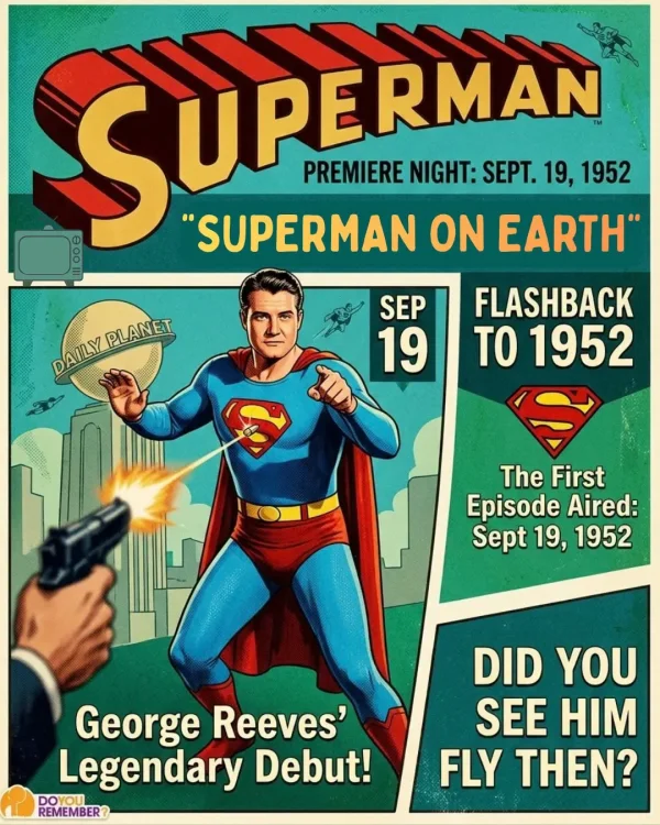 May be an image of Superman and text that says 'SUPERMAN SUPEL TPERMAN PREMIERE NIGHT: SEPT. 19, 1952 SUPERMAN ON EARTH SEP FLASHBACK DAILY DAILNY.PLANET PLANET 19 TO 1952 The First Episode Aired: Sept 19, 1952 George Reeves' Legendary Debut! DOYOU REMEMBER? DID YOU SEE HIM FLY THEN?'