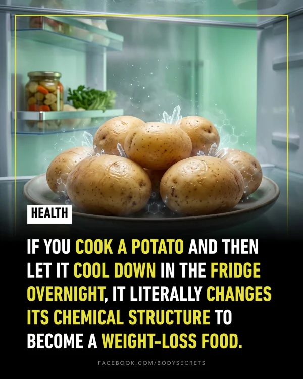 May be an image of text that says 'HEALTH IF YOU A POTATO AND THEN LET IT COOL DOWN IN THE FRIDGE OVERNIGHT, IT LITERALLY CHANGES ITS CHEMICAL STRUCTURE TO BECOME A WEIGHT-LOSS FOOD. FACEBOOK.COM/BODYSECRET'