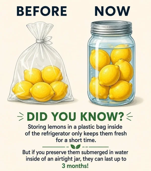May be an image of text that says 'BEFORE NOW DID YOU KNOW? Storing lemons in a plastic bag inside of the refrigerator only keeps them fresh for a short time. But if you preserve them submerged in water inside of an airtight jar, they can last up to 3 months!'
