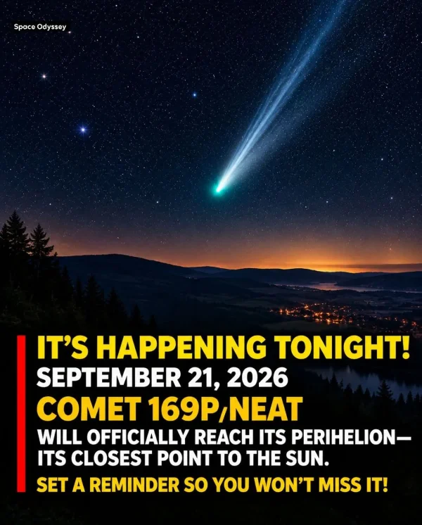 May be an image of text that says 'SpaceOdyssey Space Odyssey IT'S HAPPENING TONIGHT! SEPTEMBER 21, 2026 COMET 169P/NEAT 169P, WILL OFFICIALLY REACH ITS PERIHELION- ITS CLOSEST POINT to THE SUN. SET A REMINDER so YOU WON'T MISS IT!'