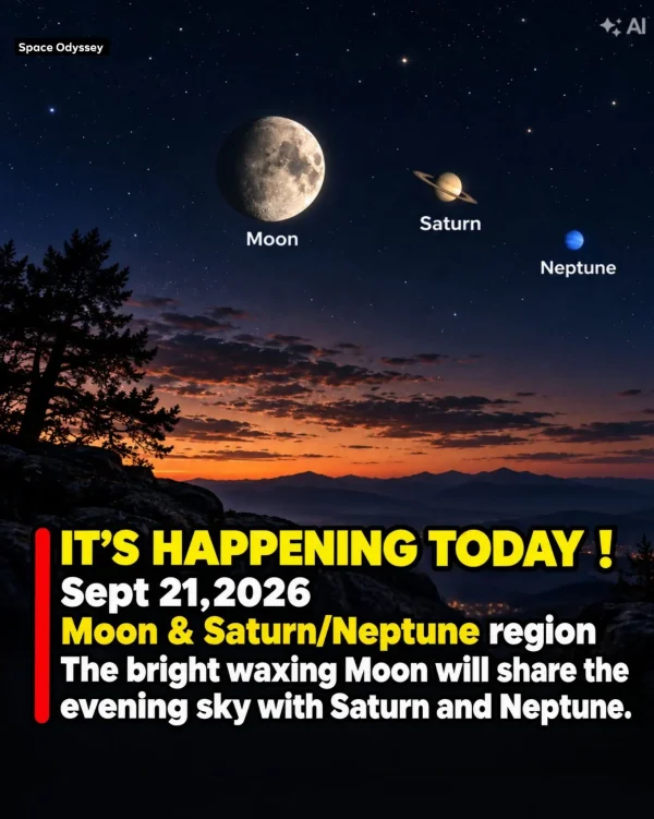 May be an image of planet and text that says 'Space SpaceOdyssey Odyssey NAI AI Moon Saturn Neptune IT'S HAPPENING TODAY! Sept 21,2026 Moon & Saturn/Neptune region The bright waxing Moon will share the evening sky with Saturn and Neptune.'