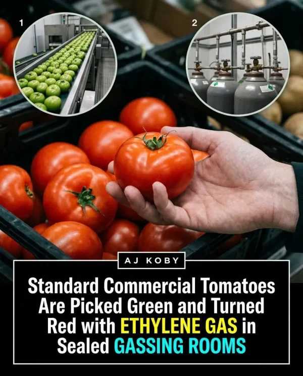 May be an image of text that says '1 石 2 AJ Standard Commercial Tomatoes Are Picked Green and Turned Red with ETHYLENE GAS in Sealed GASSING ROOMS'