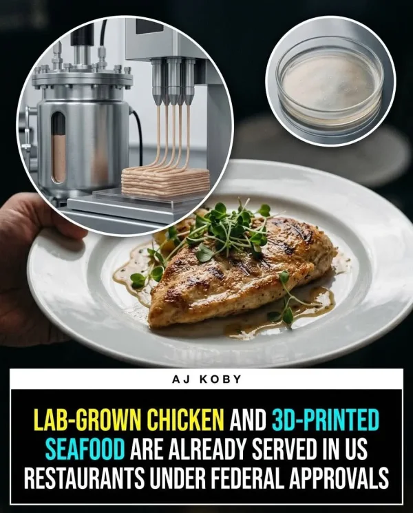May be an image of text that says 'AJ KOBY LAB-GROWN CHICKEN AND 3D-PRINTED SEAFOOD ARE ALREADY SERVED IN US RESTAURANTS UNDER FEDERAL APPROVALS'