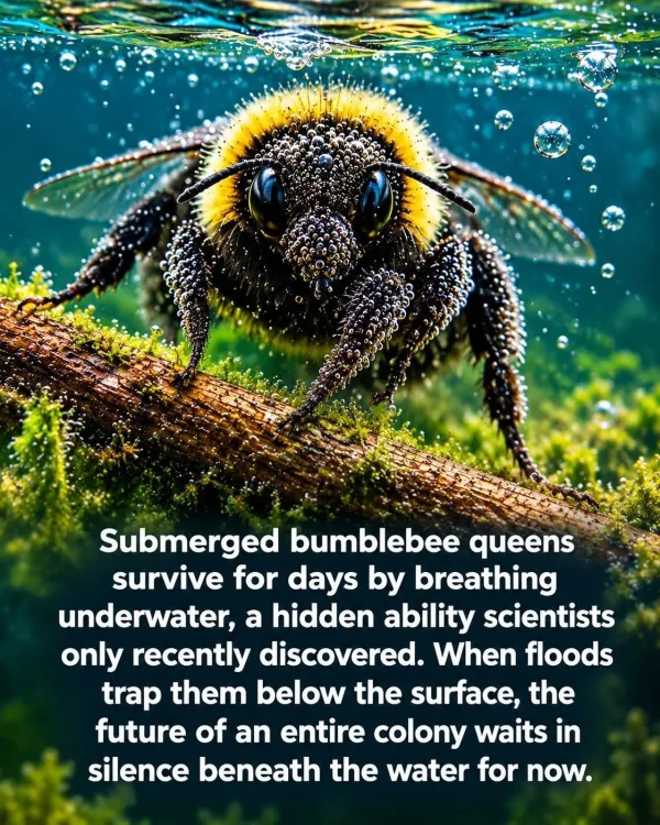 May be an image of text that says 'Submerged bumblebee queens survive for days by breathing underwater, a hidden ability scientists only recently discovered. When floods trap them below the surface, the future of an entire colony waits in silence beneath the water for now.'