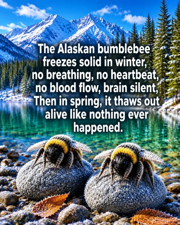May be an image of arctic and text that says 'The Alaskan bumblebee freezes solid in winter, no breathing, no heartbeat, no blood flow, brain silent, Then in spring, it thaws out គគគជវាជា alive like nothing ever happened.'