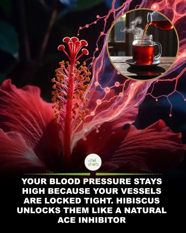 May be an image of text that says 'vital shots YOUR BLOOD PRESSURE STAYS HIGH BECAUSE YOUR VESSELS ARE LOCKED TIGHT. HIBISCUS UNLOCKS THEM LIKE A NATURAL ACE INHIBITOR'