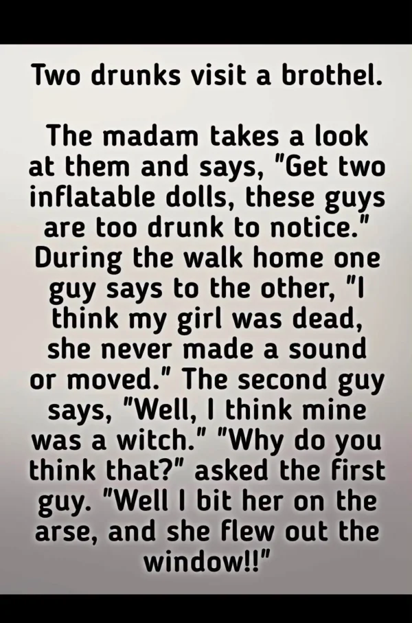 May be an image of text that says 'Two drunks visit a brothel. The madam takes a look at them and says, Get two inflatable dolls, these guys are too drunk to notice.' During the walk home one guy says to the other, I think Ty girl was dead, she never made a sound or moved. The second guy says, Well, I think mine was a witch. Why do you think that? asked the First guy. Well I bit her on the arse, and she flew out the window!!'