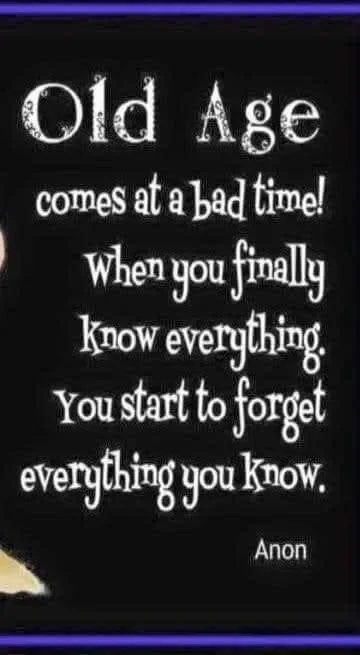 May be an image of text that says 'Old Age comeS at a bad time! When you finally know everything. You start to forget everything you know. Anon'