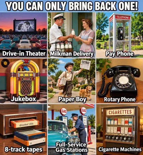 May be an image of phone and text that says 'YOU CAN ONLY BRING BACK ONE! TELEPHONE ل Drive-in Theater Milkman Delivery EXTRA! Pay Phone StOA ቁልይይ Jukebox Paper PaperBoy Boy GAS Rotary Phone GAS Greatest GreatestHits Hits CIGARETTES 8-track tapes Full- Full-Service Gas Stations CigaretteMachines Cigarette Machines' May be an image of phone and text that says 'YOU CAN ONLY BRING BACK ONE! TELEPHONE ل Drive-in Theater Milkman Delivery EXTRA! Pay Phone StOA ቁልይይ Jukebox Paper PaperBoy Boy GAS Rotary Phone GAS Greatest GreatestHits Hits CIGARETTES 8-track tapes Full- Full-Service Gas Stations CigaretteMachines Cigarette Machines'