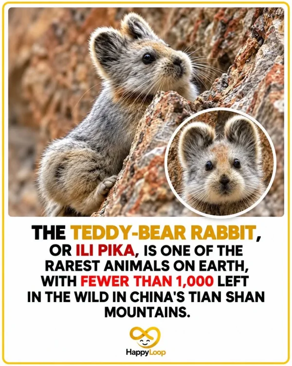 May be an image of text that says 'THE TEDDY-BEAR BEAR RABBIT, OR ILI PIKA, IS ONE OF RAREST ANIMALS ON EARTH, WITH FEWER TAN 1,000 LEFT IN THE WILD IN CHINA'S TIAN SHAN MOUNTAINS. HappyLoop Loop'