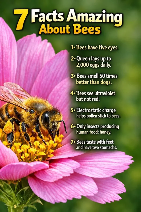 May be an image of flower and text that says '7 Facts Amazing About Bees 1. Bees have five eyes. 2. Queen lays up to 2,000 eggs daily. 3. Bees smell 50 times better than dogs. 4. Bees ultraviolet but not red. 5. Electrostatic charge helps pollen stick to bees. 6• Only insects producing human food: honey. 7•Bees 7. Bees taste with feet and have two stomachs.'