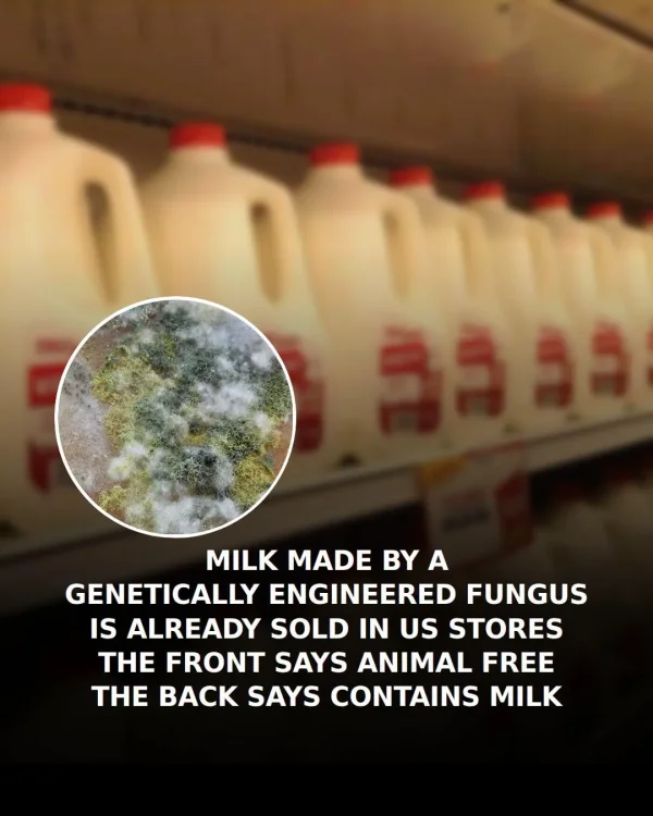 May be an image of text that says 'కినినిని MILK MADE B A GENETICALLY ENGINEERED FUNGUS IS ALREADY SOLD IN US STORES THE FRONT THEFRONTSAYSANIMALFREE SAYS ANIMAL FREE H BACK SAYS CONTAINS MILK'