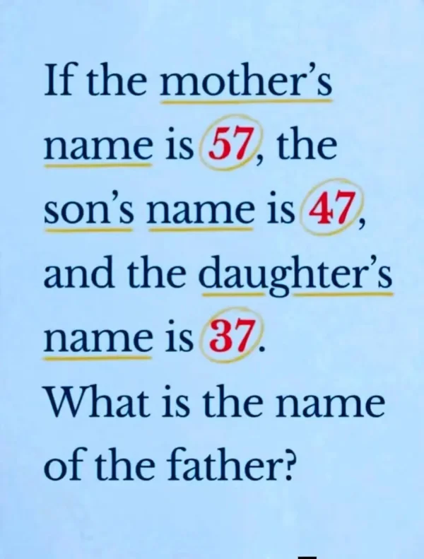 May be an image of text that says 'If the mother's name is 57, the son's name is 47, and the daughter's name is 37. What is the name of the father?'