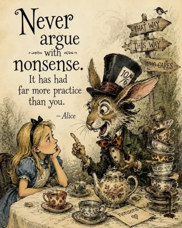 May be an image of ‎text that says '‎HAI THAIWAY WAY THIS_WAY WAY THIS Never argue حمه with س nonsense. It has had far more practice than you. -Alice WHO-CARES WHO CARES 10% 6 10 nonsens nonsens‎'‎