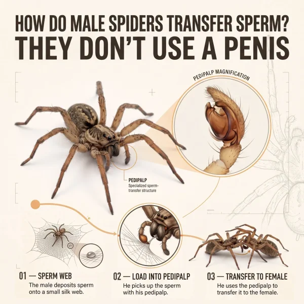 May be an image of text that says 'HOW DO MALE SPIDERS TRANSFER SPERM? THEY DON'T USE A PENIS PEDIPALP MAGNIFICATION PEDIPALP Specalted ៥៩៣- transrera atucture 01-SPERMV - SPERM WEB 01 The male deposits sperm onto onto small silk web. 海り 02-LOAD LOAD INTO PEDIPALP 02 03- 03-TRANSFERTOFEMA 03 TRANSFER TO FEMALE He picks the sperm He uses the pedipalp to with his pedipalp transfer itto the female.'