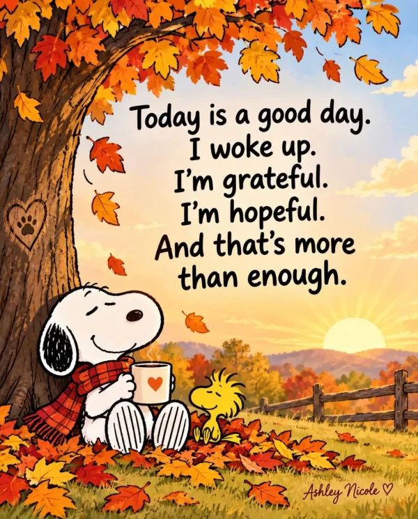 May be an image of text that says 'Today is a good day. 條 I woke up. I'm grateful. 本 I'm hopeful. And that's more than enough. Ashley Nicole ٧'
