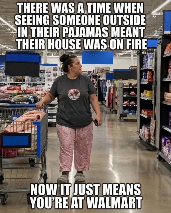 May be an image of sleepwear and text that says 'THERE WAS A TIME WHEN SEEING SOMEONE OUTSIDE IN THEIR PAJAMAS MEANT THEIR HOUSE WAS ON FIRE 高音間音禁圖护 已國際 NOW IT JUST MEANS YOU'RE AT WALMART'