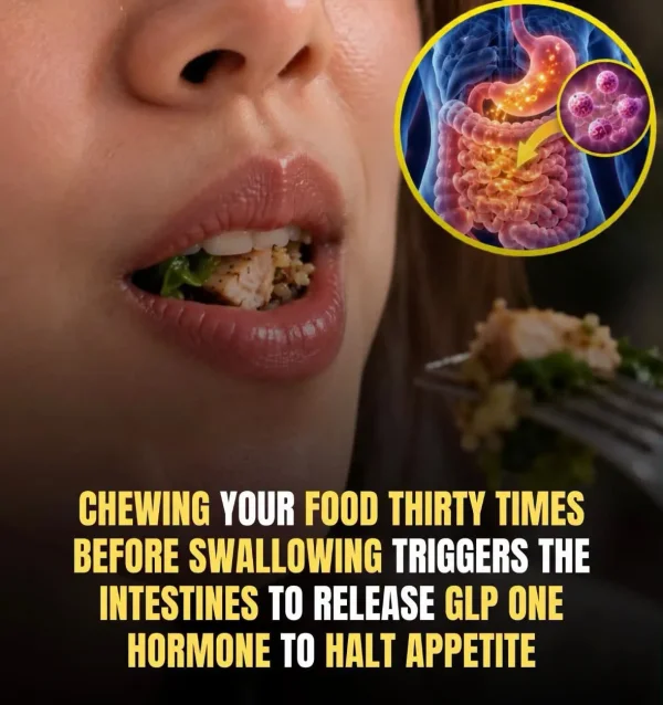 May be an image of text that says 'CHEWING YOUR FOOD THIRTY TIMES BEFORE SWALLOWING TRIGGERS TE INTESTINES TO RELEASE GLP ONE HORMONE TO HALT APPETITE'