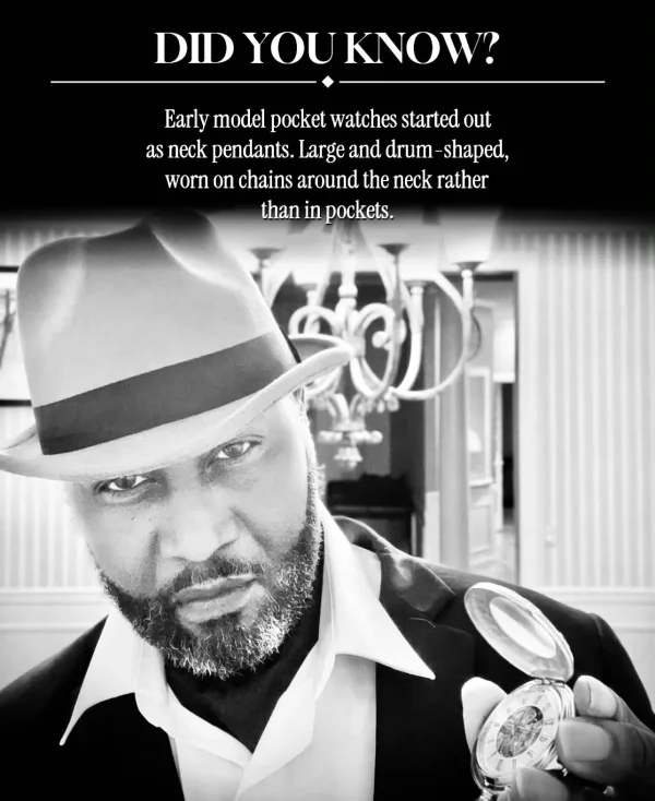 May be a black-and-white image of one or more people, beard and text that says 'DID YOU KNOW? Early model pocket watches started out as neck pendants. Large and drum shaped, worn on chains around the neck rather than in pockets. 酒'