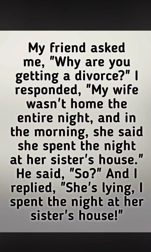 May be an image of text that says 'My friend asked me, Why are you getting a divorce? responded, My wife wasn't home the entire night, and in the morning, she said she spent the night at her sister's house. He said, So? And I replied, She's lying, spent the night at her sister's house!'