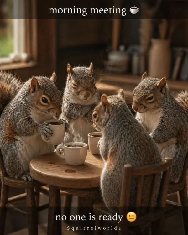 May be an image of chipmunk and text that says 'morning meeting no one is ready Squirrelworld1 WO r'