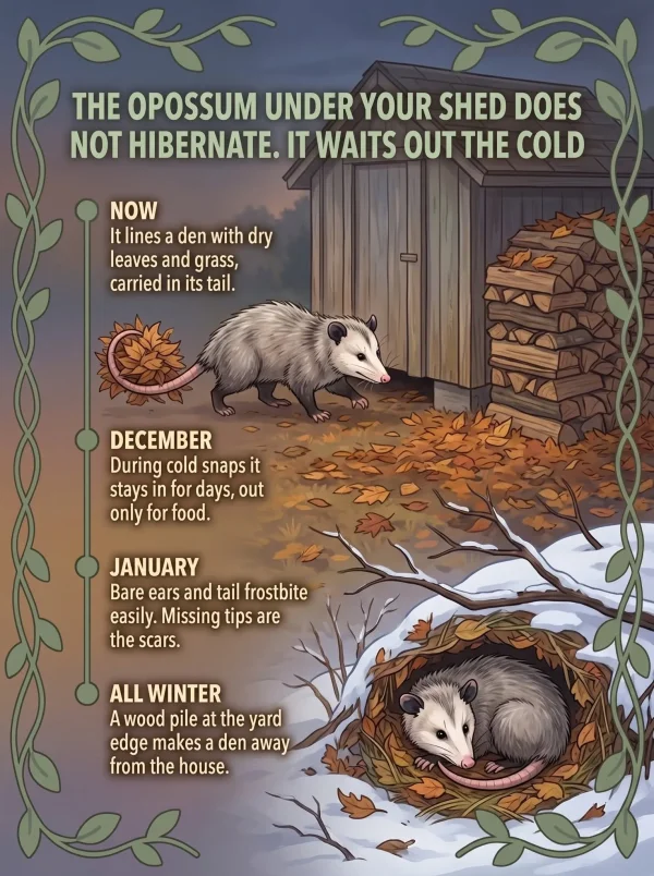Illustrated card: an opossum carrying a bundle of leaves in its curled tail toward a shed and wood pile at dusk, the same opossum curled in a leaf-lined den in snow below, and a four-step winter timeline.