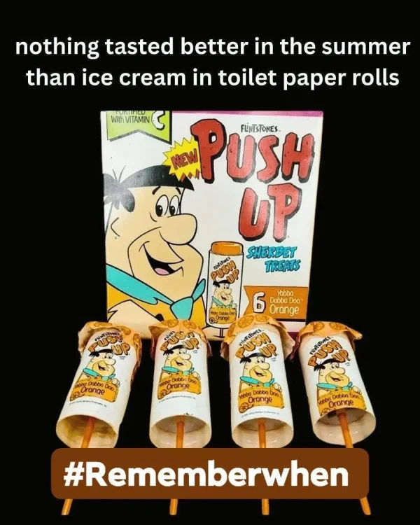 May be an image of ice cream, gelato and text that says 'nothing tasted better in the summer than ice cream in toilet paper rolls AUAAINICU NithVITAMIN C With PUSH FLINTSTONES UP SHERBET TREATS 6 Yobbo Doo Orange Dobbe Orange DOO O Orange Dabba De Orange krbo AH Dabia X Orange ー #Rememberwhen'