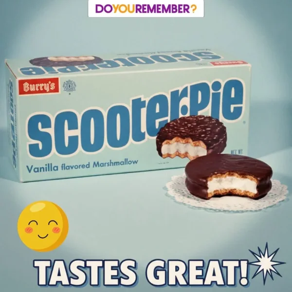 May be an image of scooter, chocolate bar, ice cream and text that says 'DOYOU DOYOUREMEMBER? Burry's scoote scooteerie 第0な O? ITNI Vanilla flavored Marshmallow TASTES GREAT!'