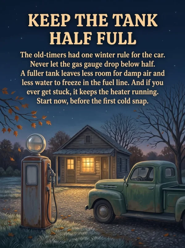 Illustrated card: a pickup truck beside an old round-topped gas pump at a little country station at dusk, frost on the grass and bare trees behind.